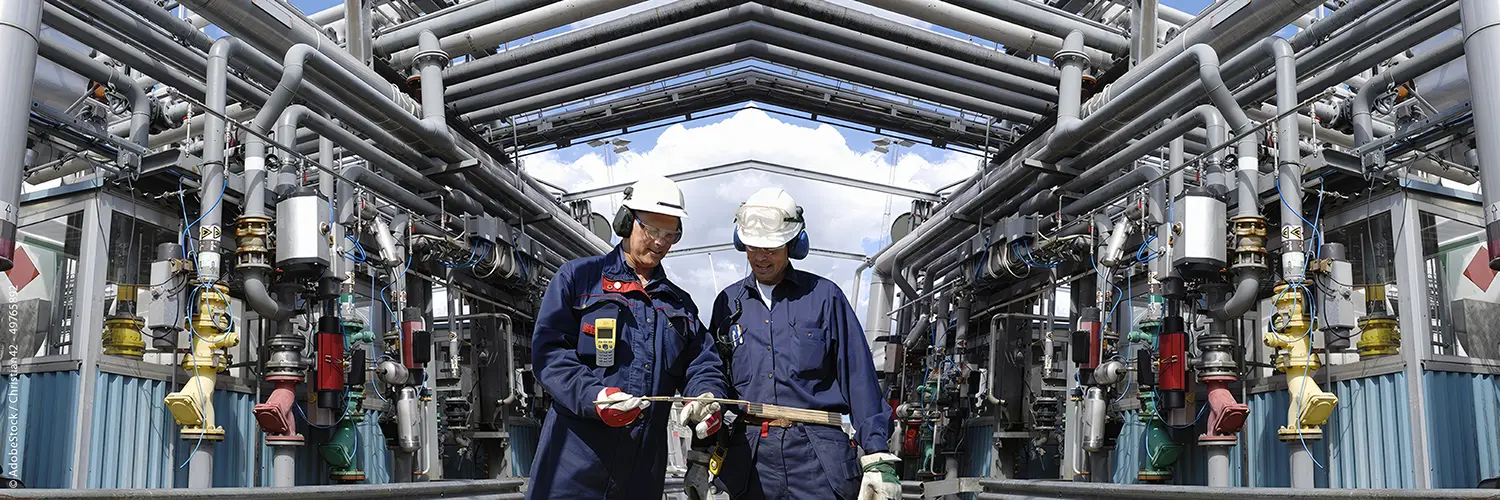 Zwei Männer mit Arbeitskleidung, Helm und Zollstab in der Hand in einer Industriehalle BILD: Link auf Leistungen
